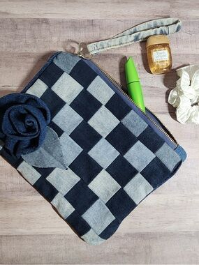 Denim Patchwork Wristlet Clutch with Flower Accent - Blue